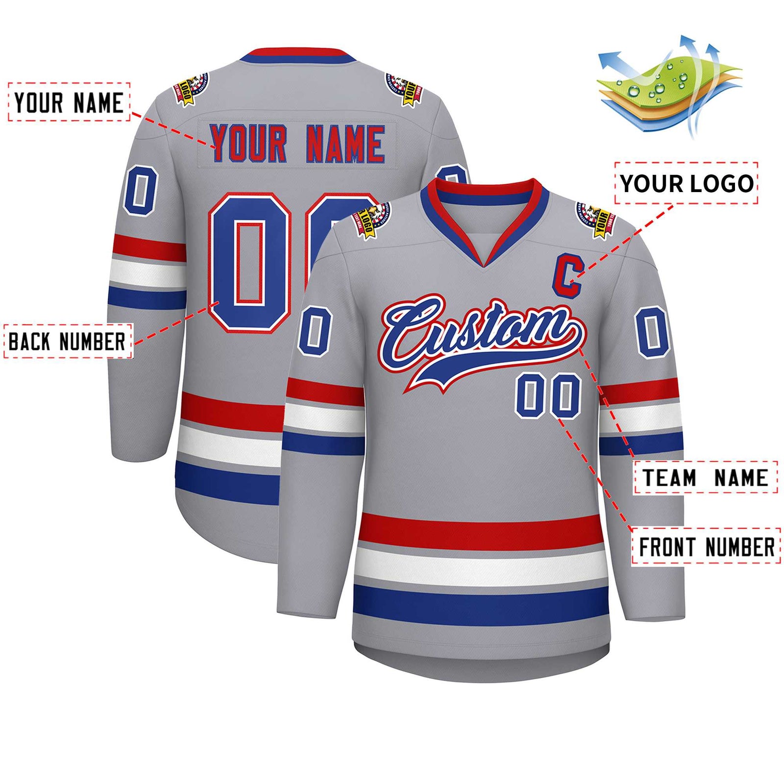 Custom Gray Royal White-Red Classic Style Hockey Jersey