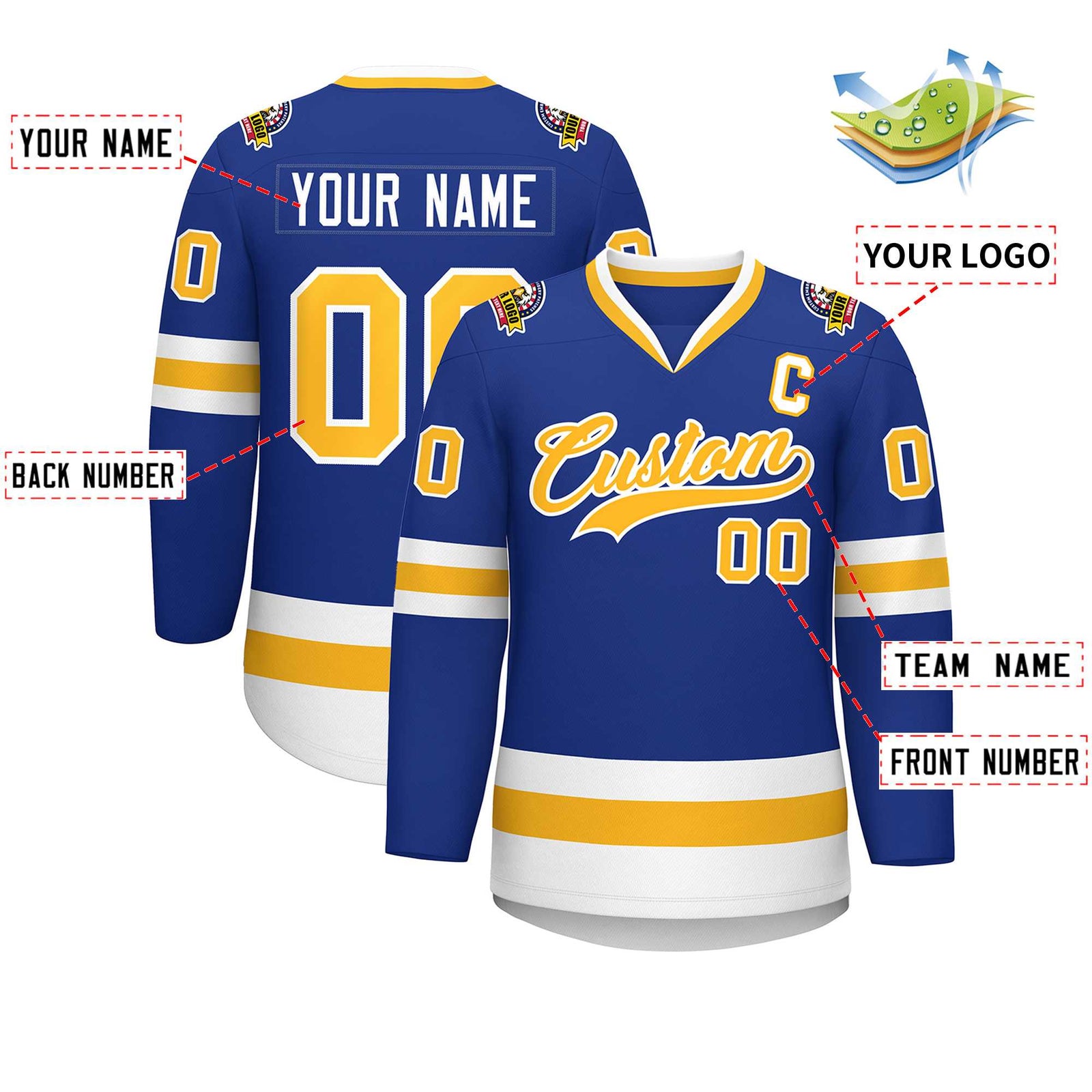 Custom Royal Gold-White Classic Style Hockey Jersey