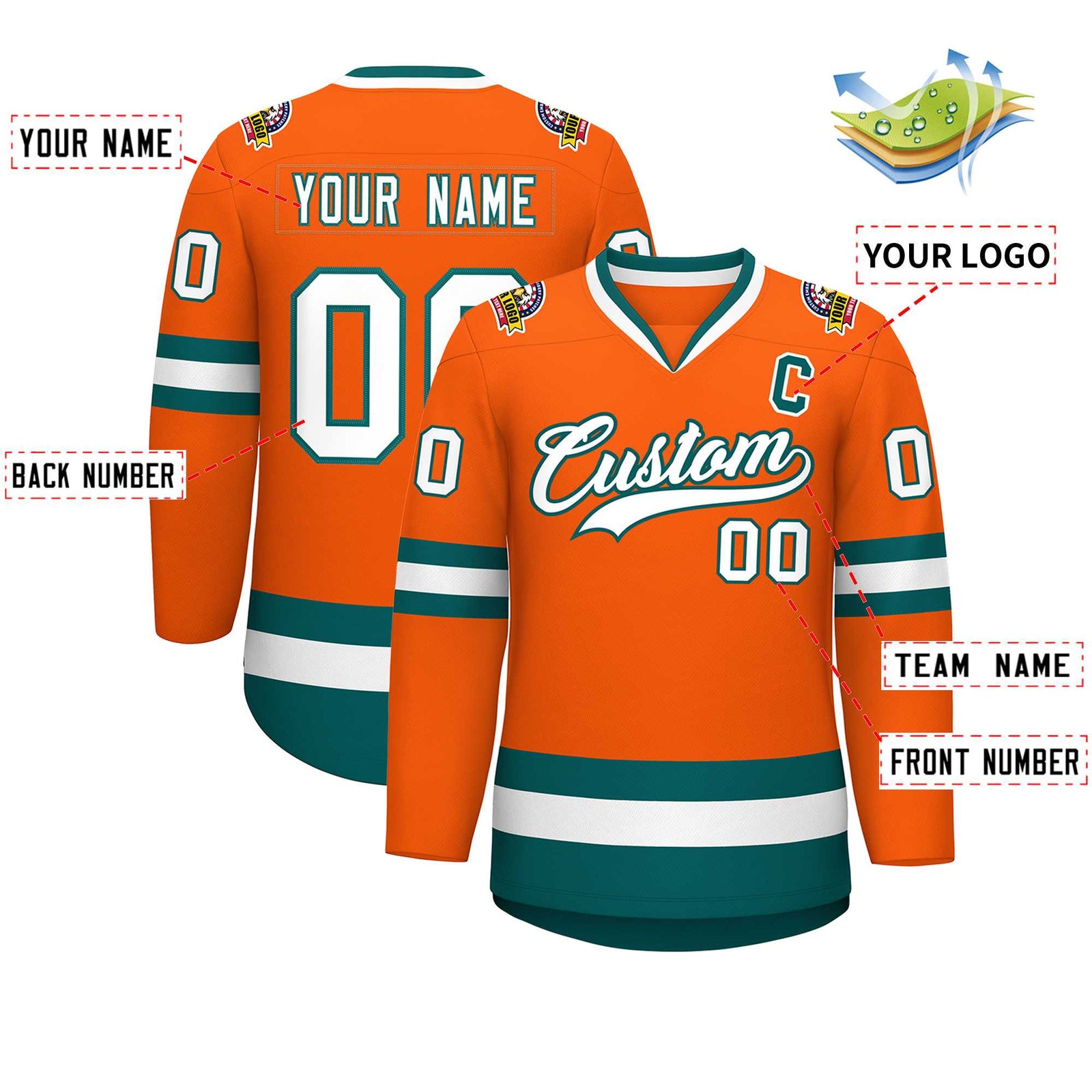 Custom Orange White-Aqua Classic Style Hockey Jersey