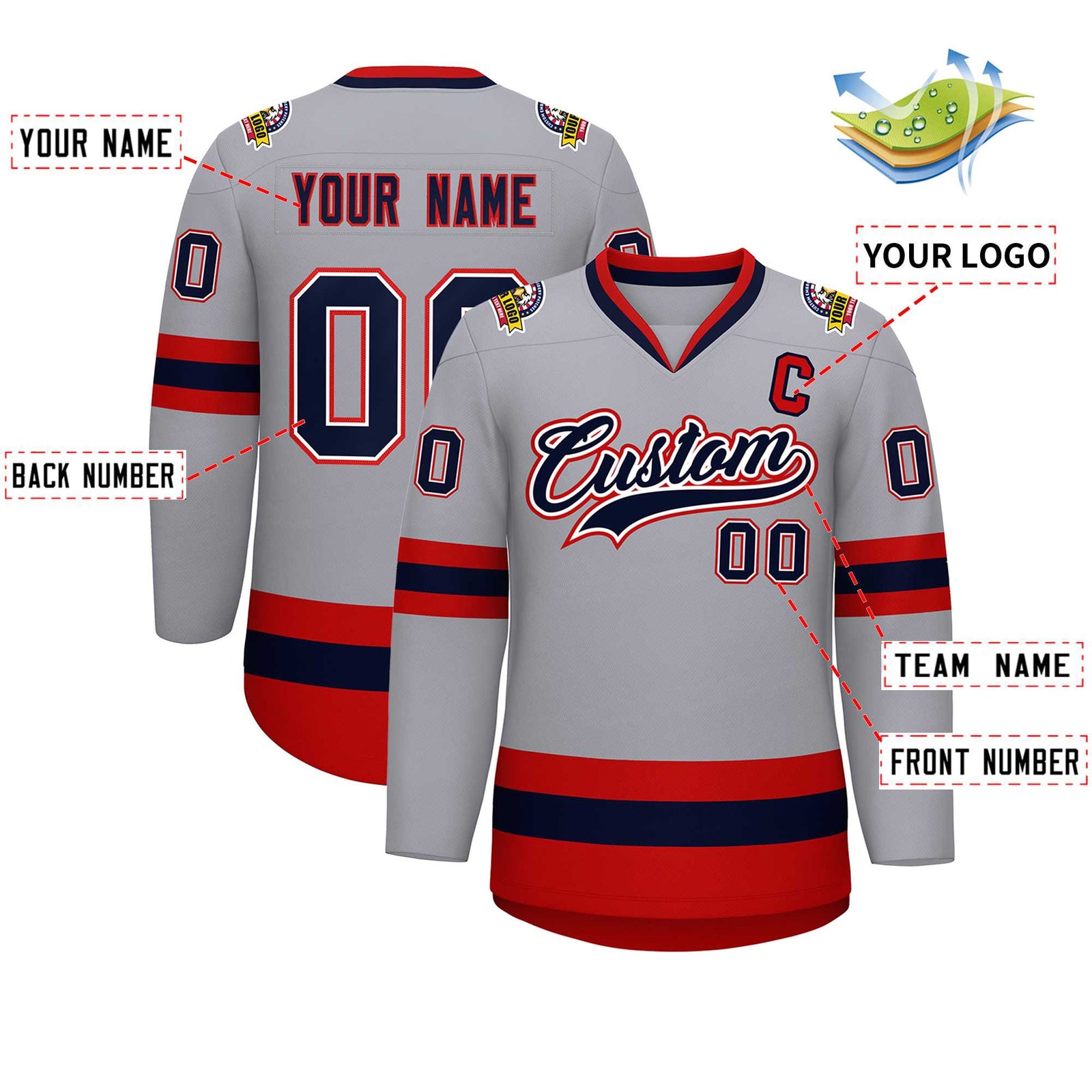 Custom Gray Navy White-Red Classic Style Hockey Jersey