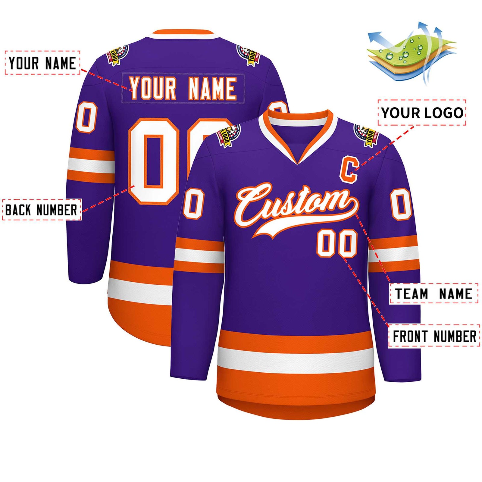 Custom Purple White-Orange Classic Style Hockey Jersey