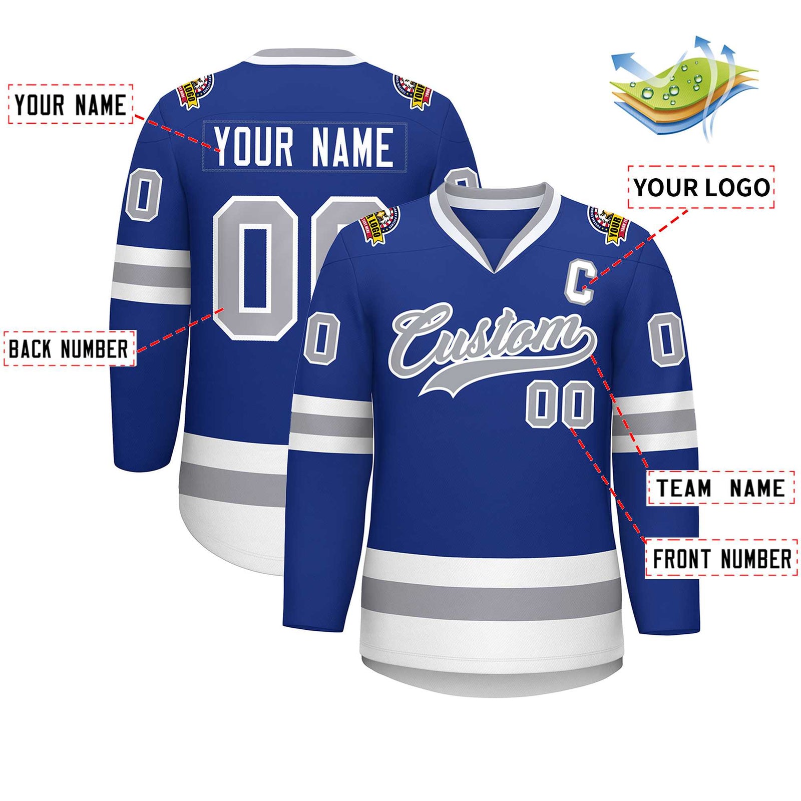 Custom Royal Gray-White Classic Style Hockey Jersey