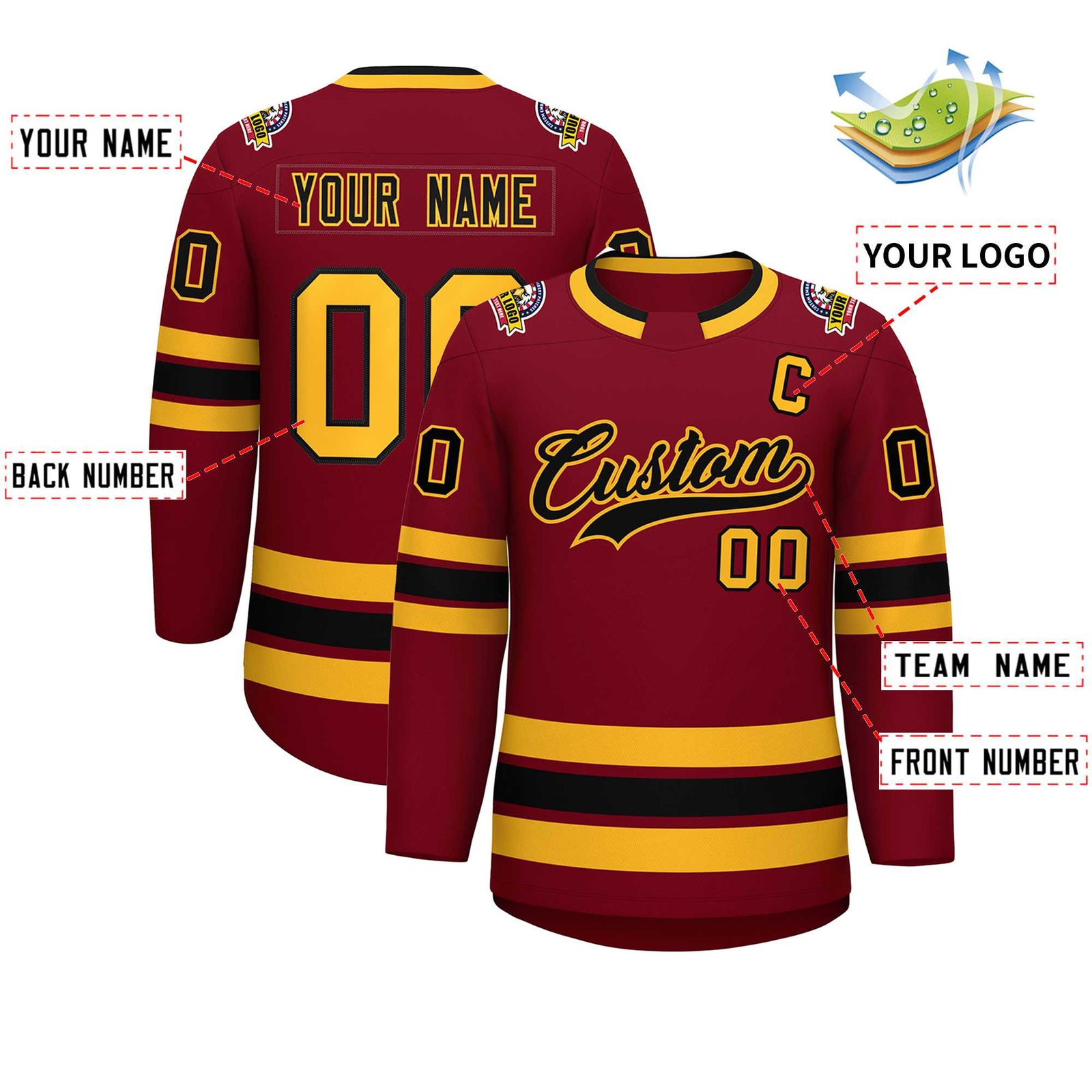 Custom Crimson Black-Gold Classic Style Hockey Jersey