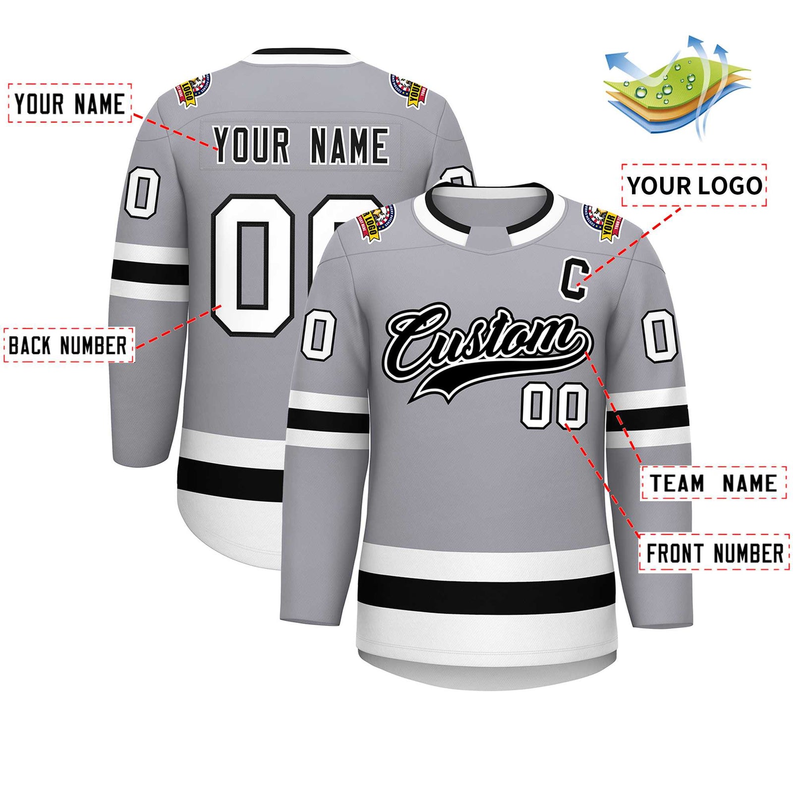 Custom Gray Black White-Black Classic Style Hockey Jersey