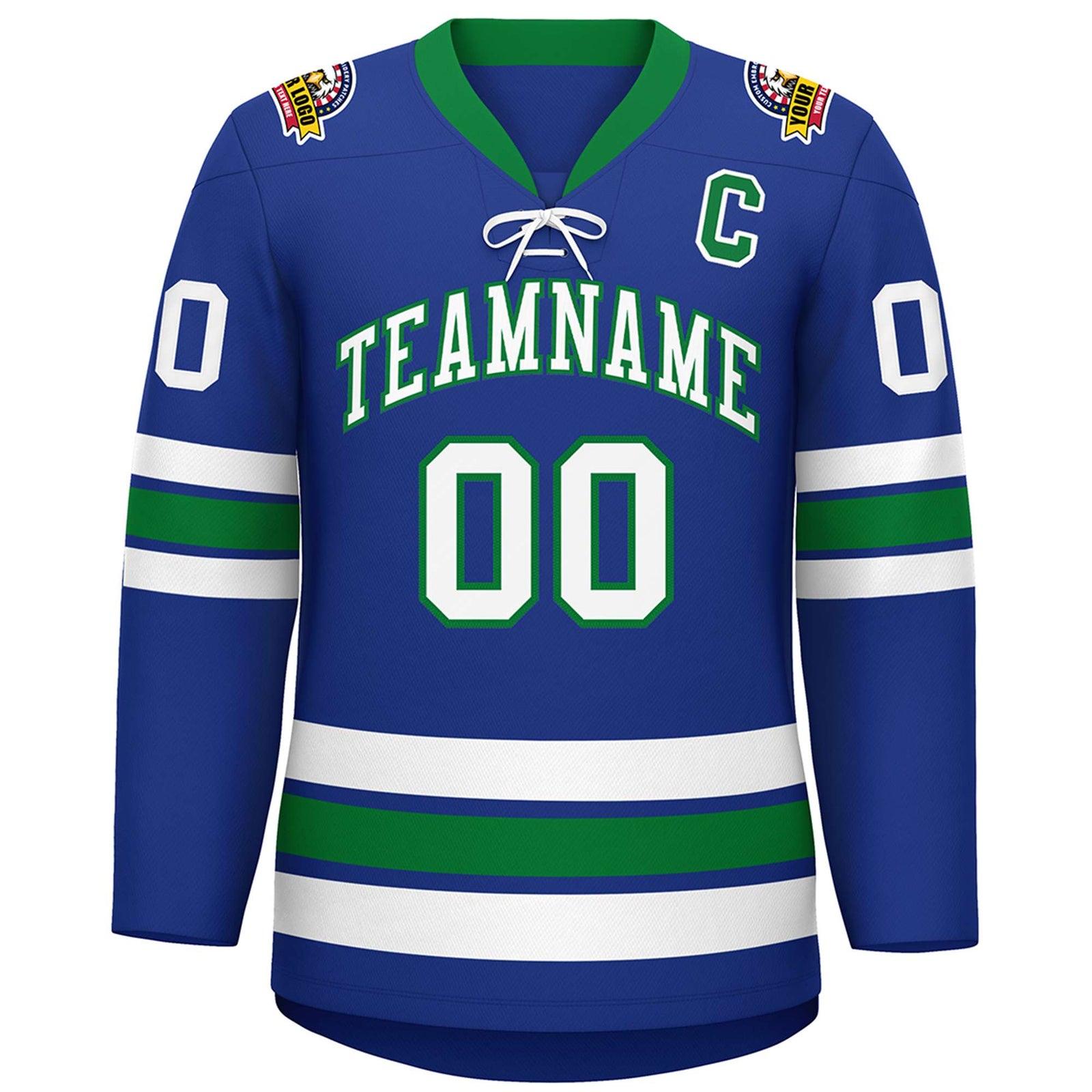 Custom Royal White-Kelly Green Lace-Up Neck Hockey Jersey