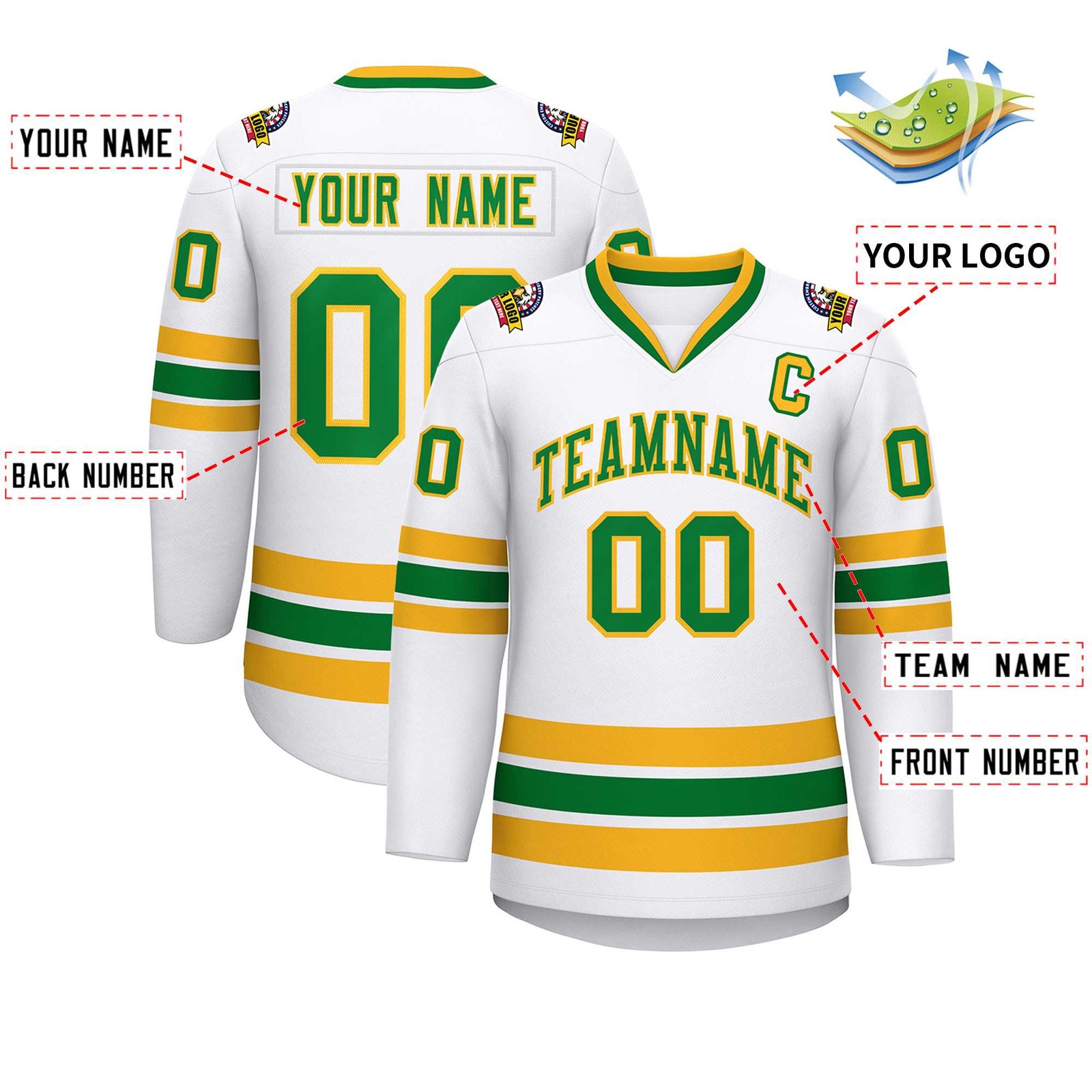 Custom White Kelly Green-Gold Classic Style Hockey Jersey
