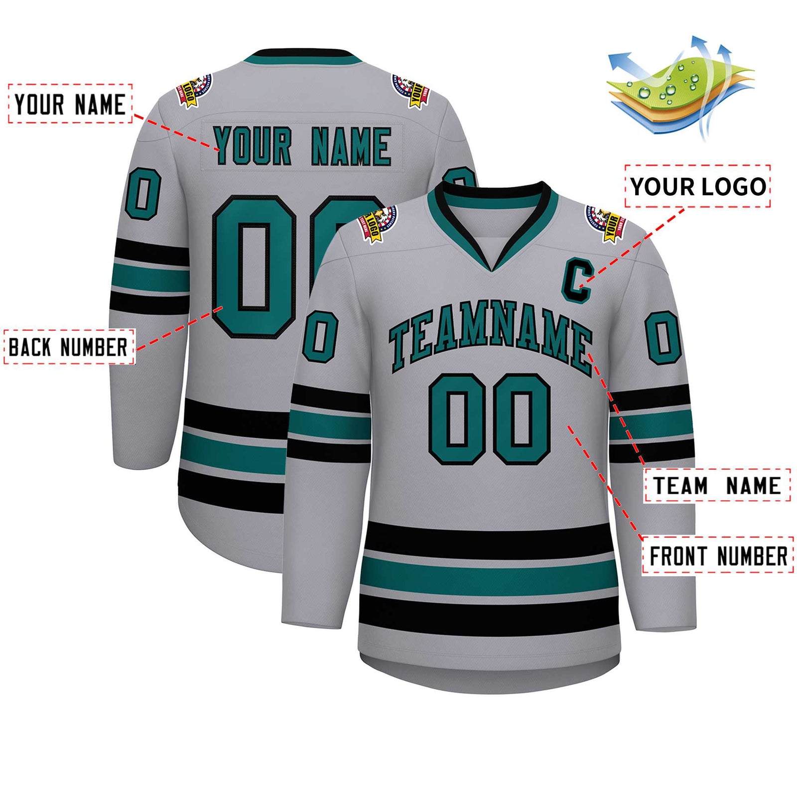 Custom Gray Aqua-Black Classic Style Hockey Jersey