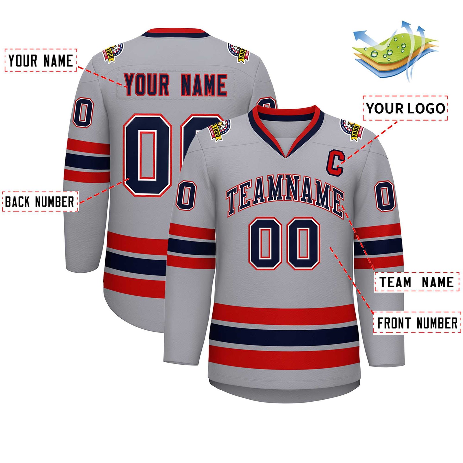 Custom Gray Navy White-Red Classic Style Hockey Jersey