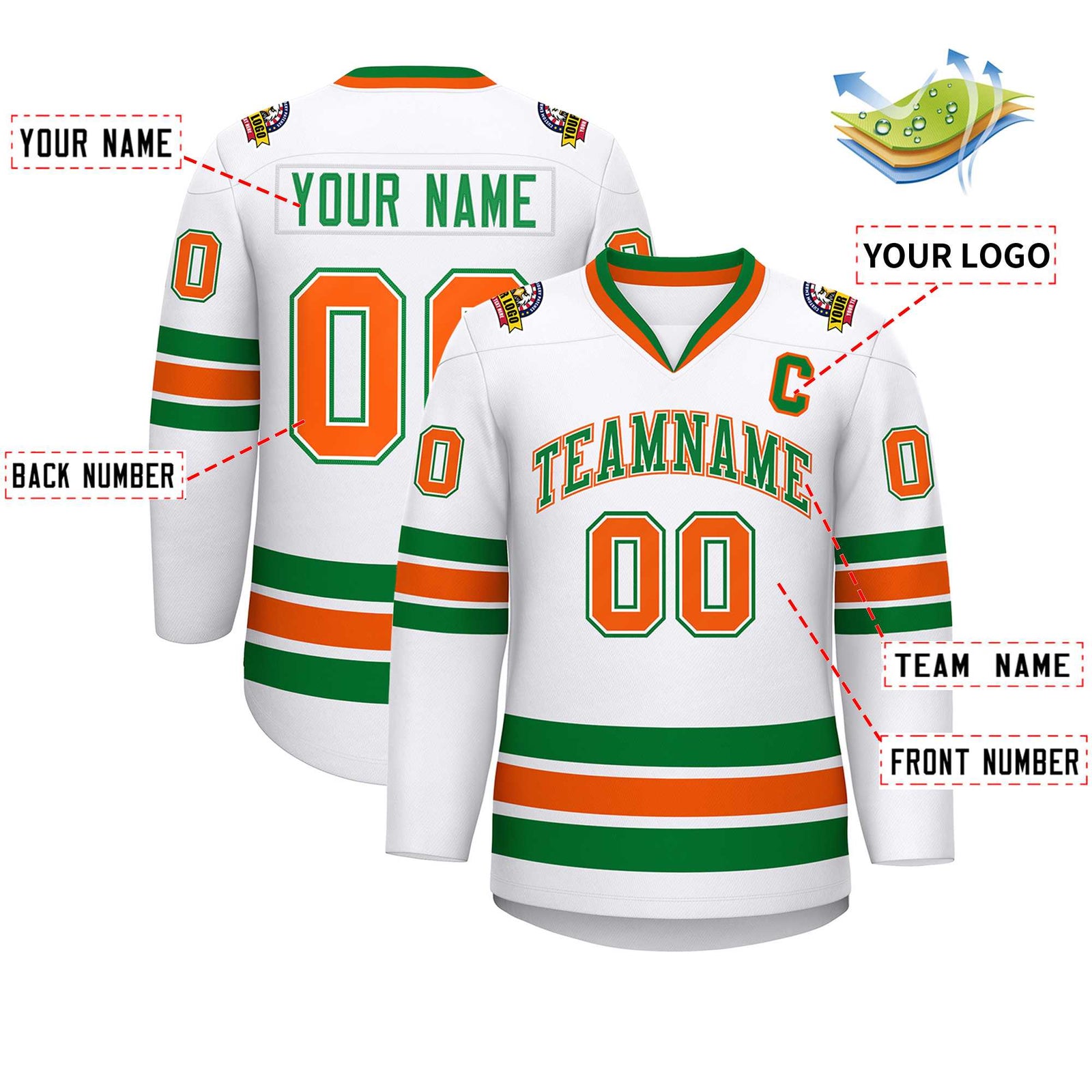 Custom White Kelly Green White-Orange Classic Style Hockey Jersey