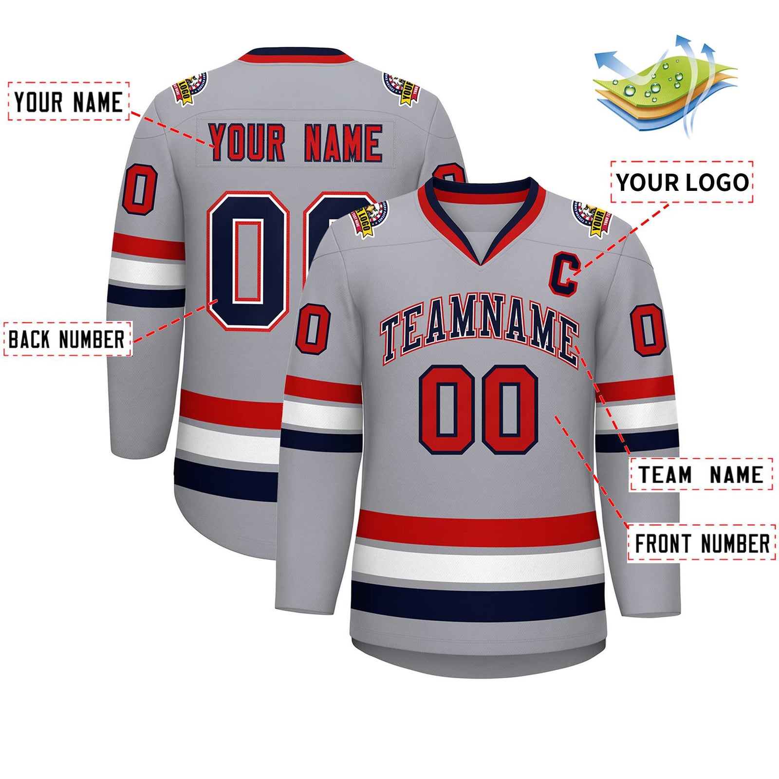 Custom Gray Navy White-Red Classic Style Hockey Jersey