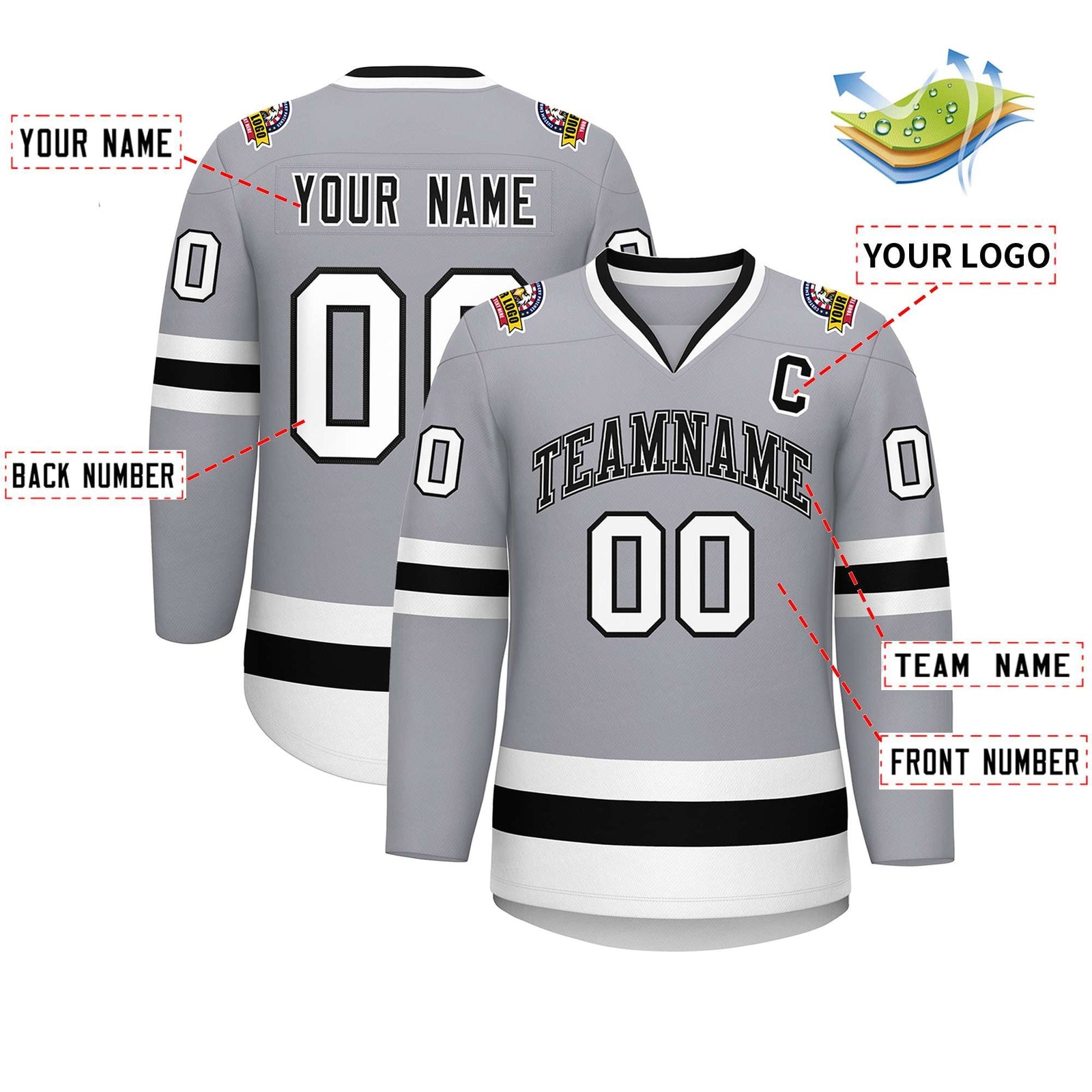 Custom Gray Black White-Black Classic Style Hockey Jersey