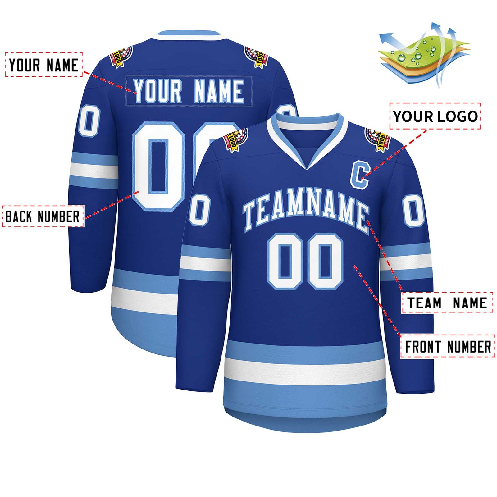 Custom Royal White-Light Blue Classic Style Hockey Jersey