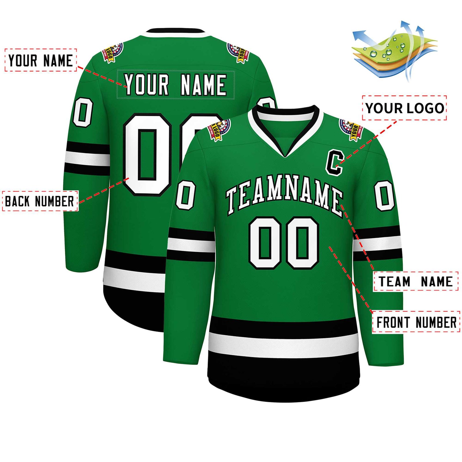 Custom Kelly Green White-Black Classic Style Hockey Jersey
