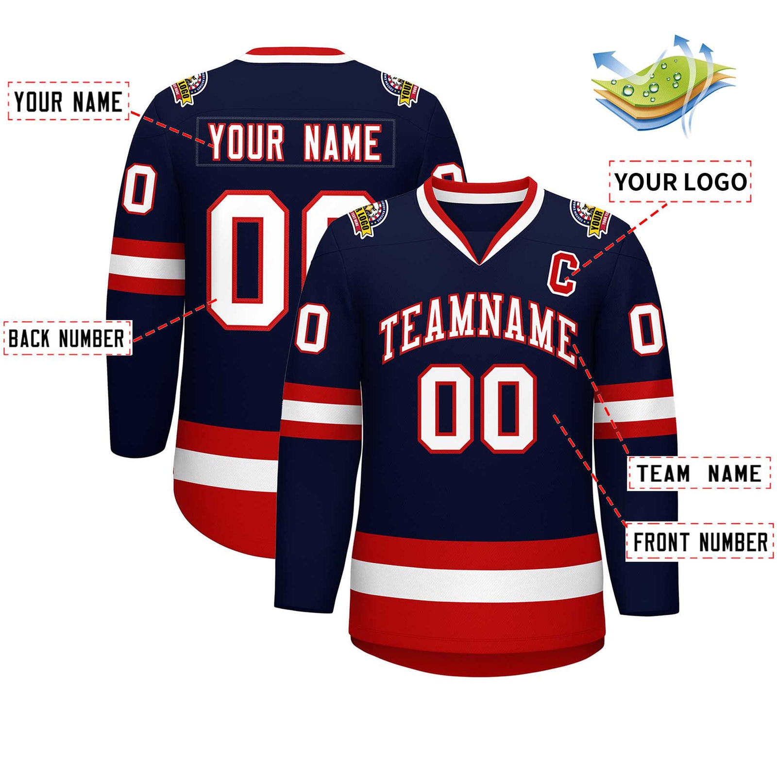 Custom Navy White-Red Classic Style Hockey Jersey