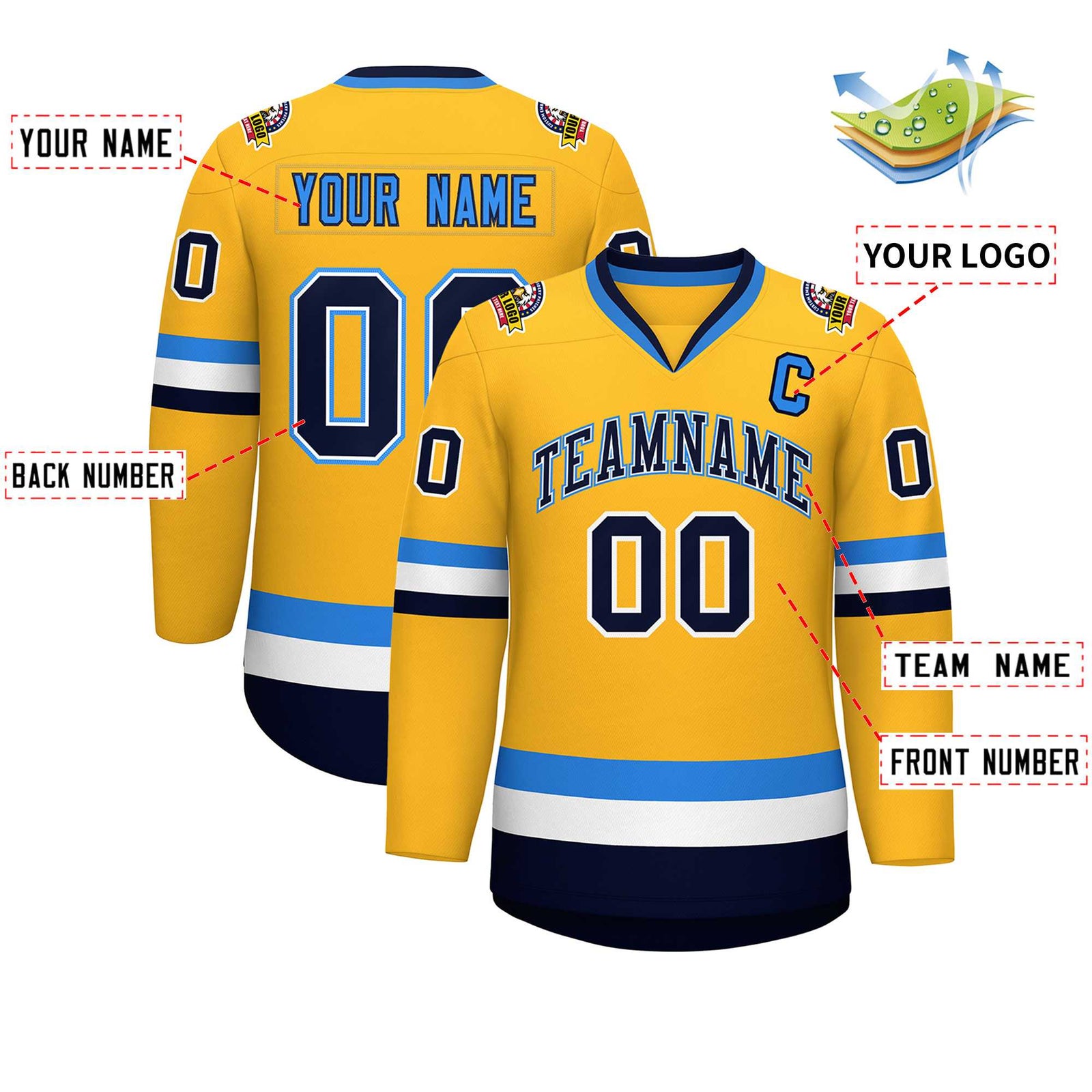 Custom Gold Navy White-Powder Blue Classic Style Hockey Jersey