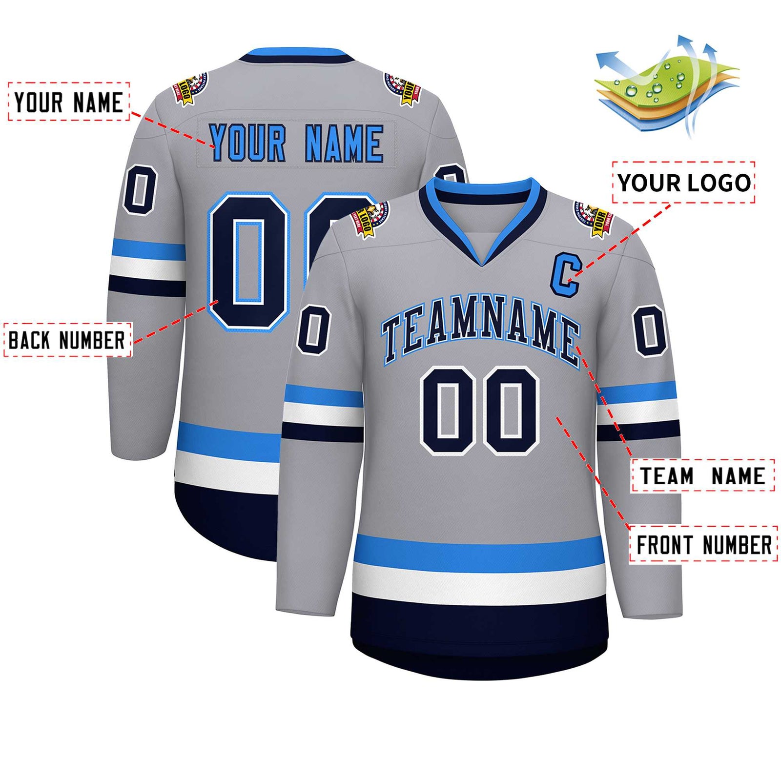 Custom Gray Navy White-Powder Blue Classic Style Hockey Jersey