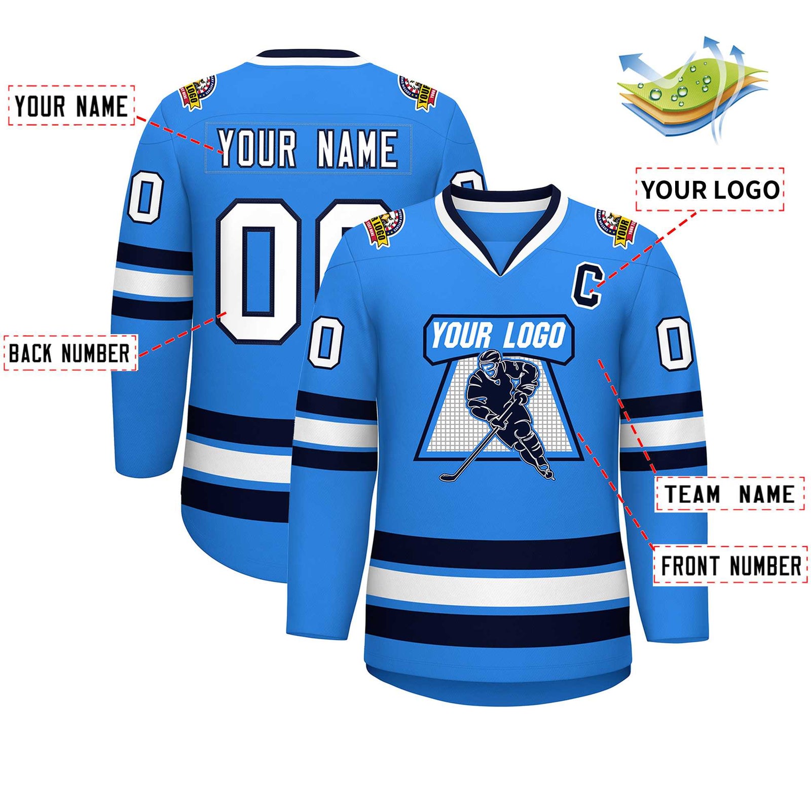 Custom Powder Blue White-Navy Classic Style Hockey Jersey