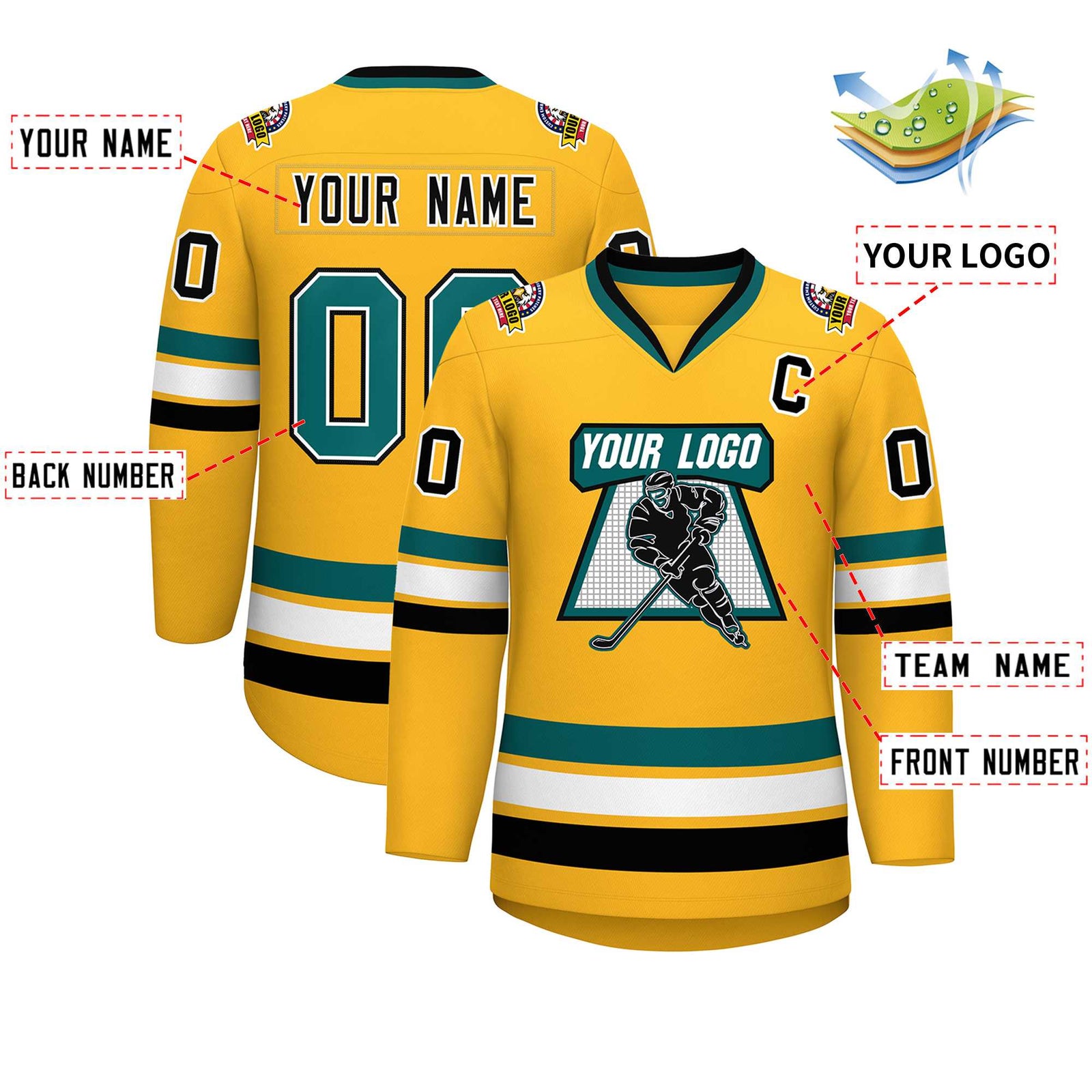 Custom Gold Aqua White-Black Classic Style Hockey Jersey