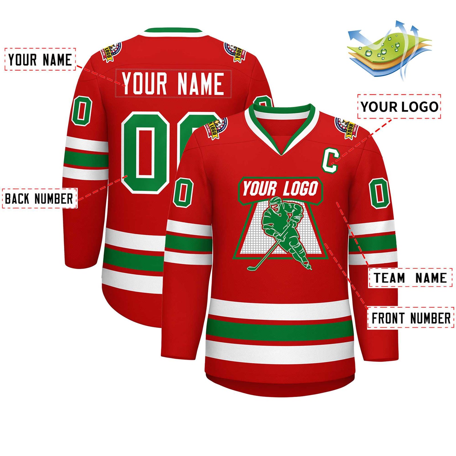 Custom Red Kelly Green-White Classic Style Hockey Jersey