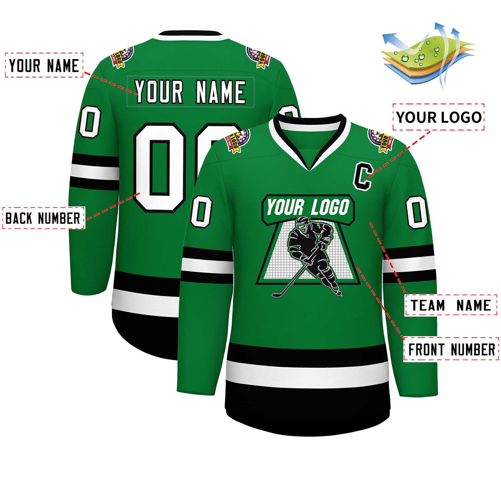 Custom Kelly Green White-Black Classic Style Hockey Jersey