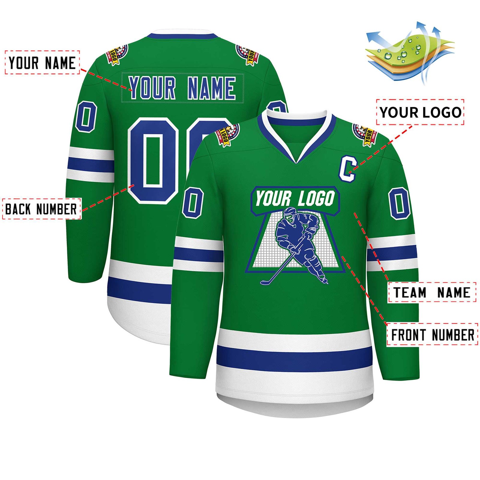 Custom Kelly Green Royal-White Classic Style Hockey Jersey