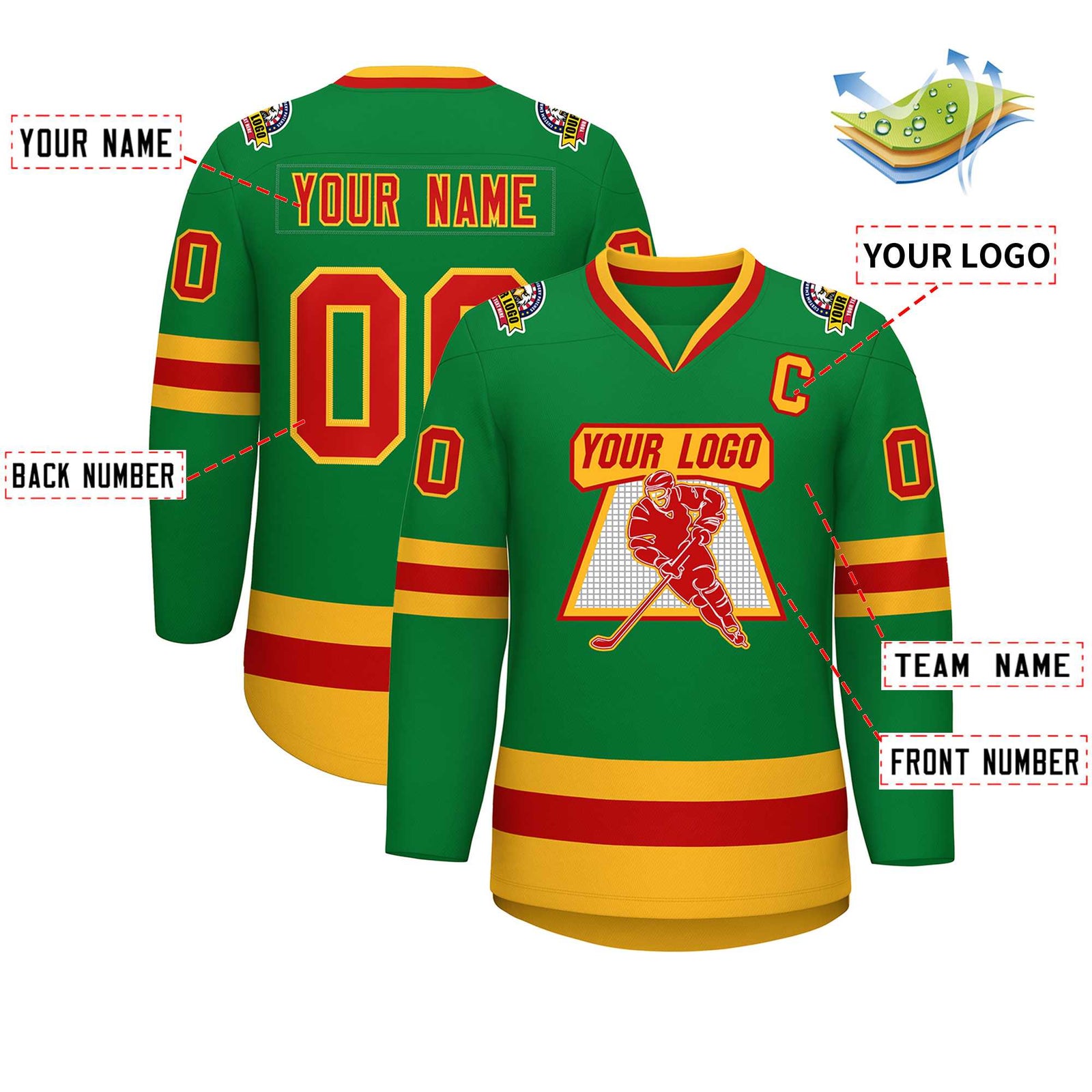 Custom Kelly Green Red-Gold Classic Style Hockey Jersey