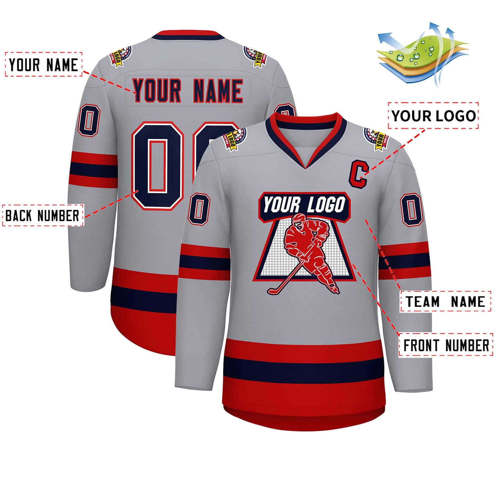 Custom Gray Navy White-Red Classic Style Hockey Jersey