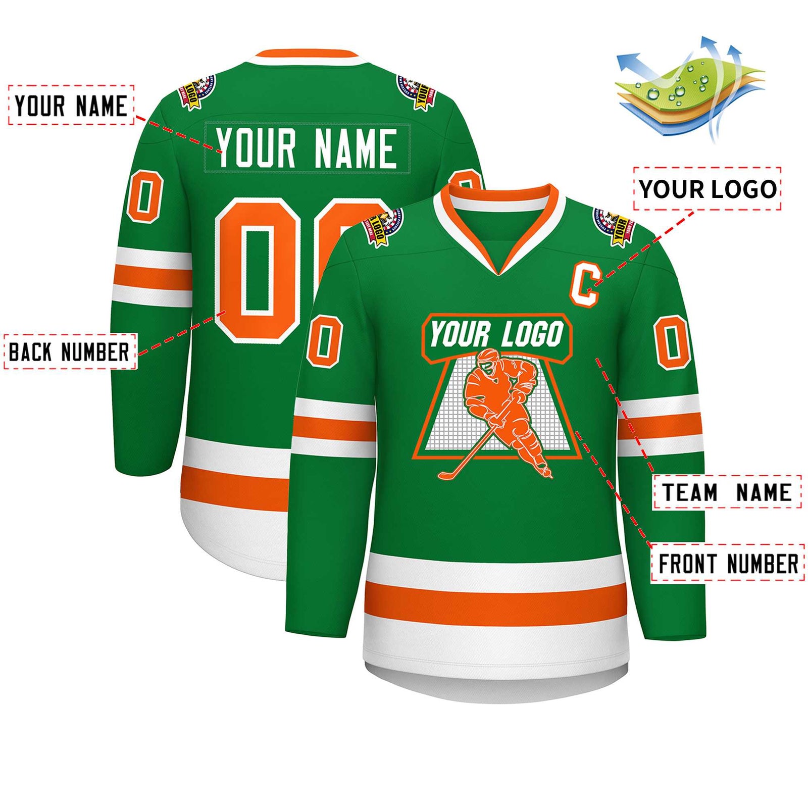 Custom Kelly Green Orange-White Classic Style Hockey Jersey