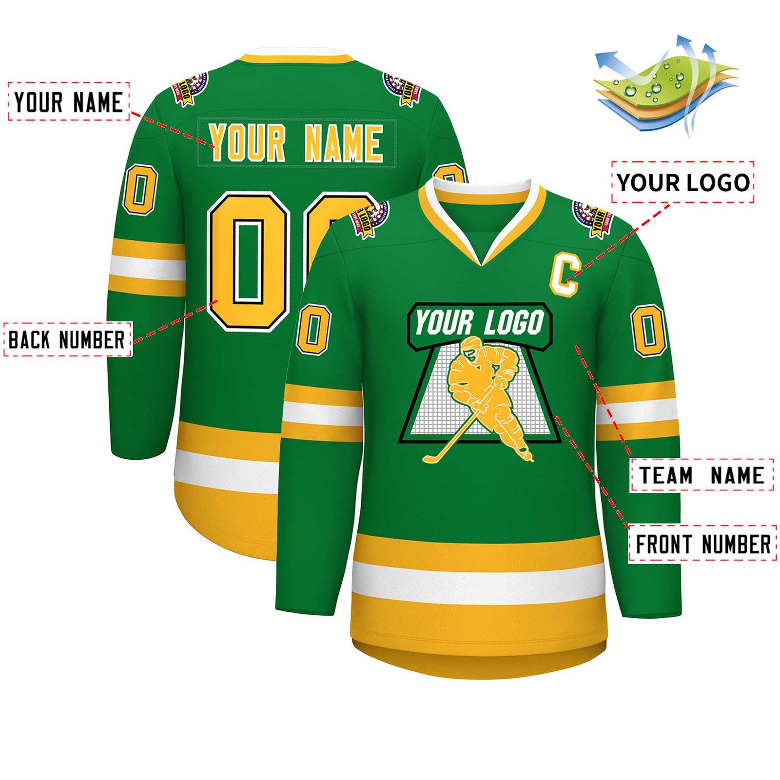 Custom Kelly Green Gold Black-White Classic Style Hockey Jersey
