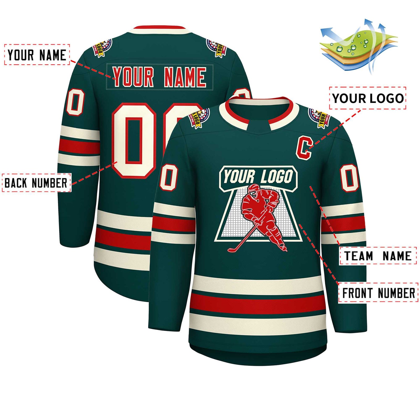 Custom Midnight Green Red-Khaki Classic Style Hockey Jersey