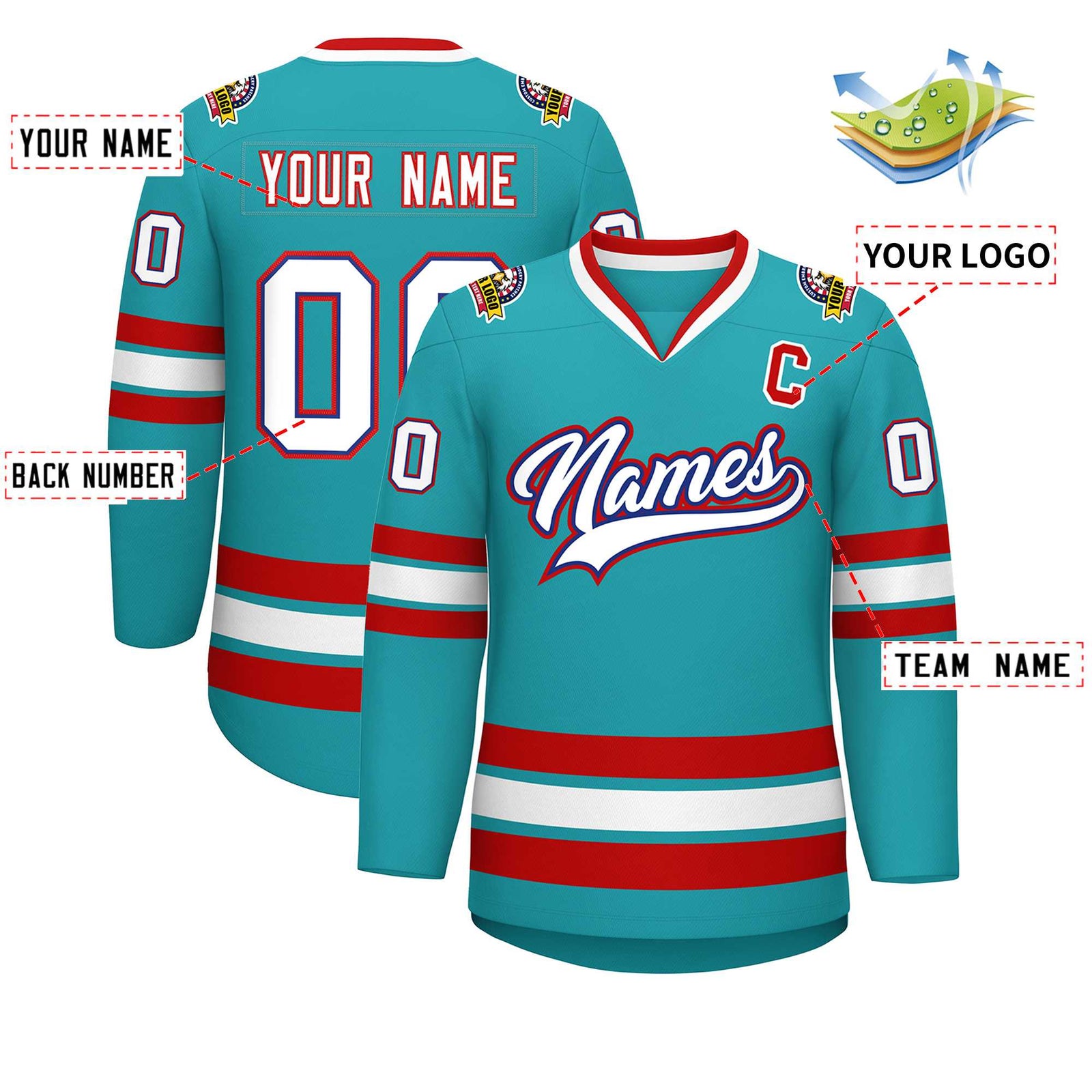 Custom Aqua White Royal-Red Classic Style Hockey Jersey