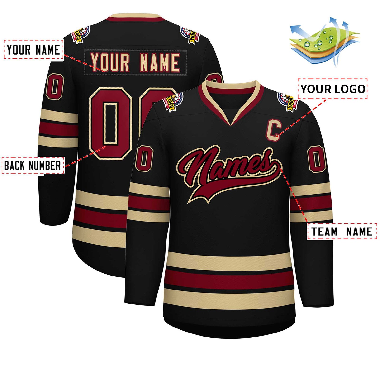 Custom Black Crimson-Khaki Classic Style Design Hockey Jersey