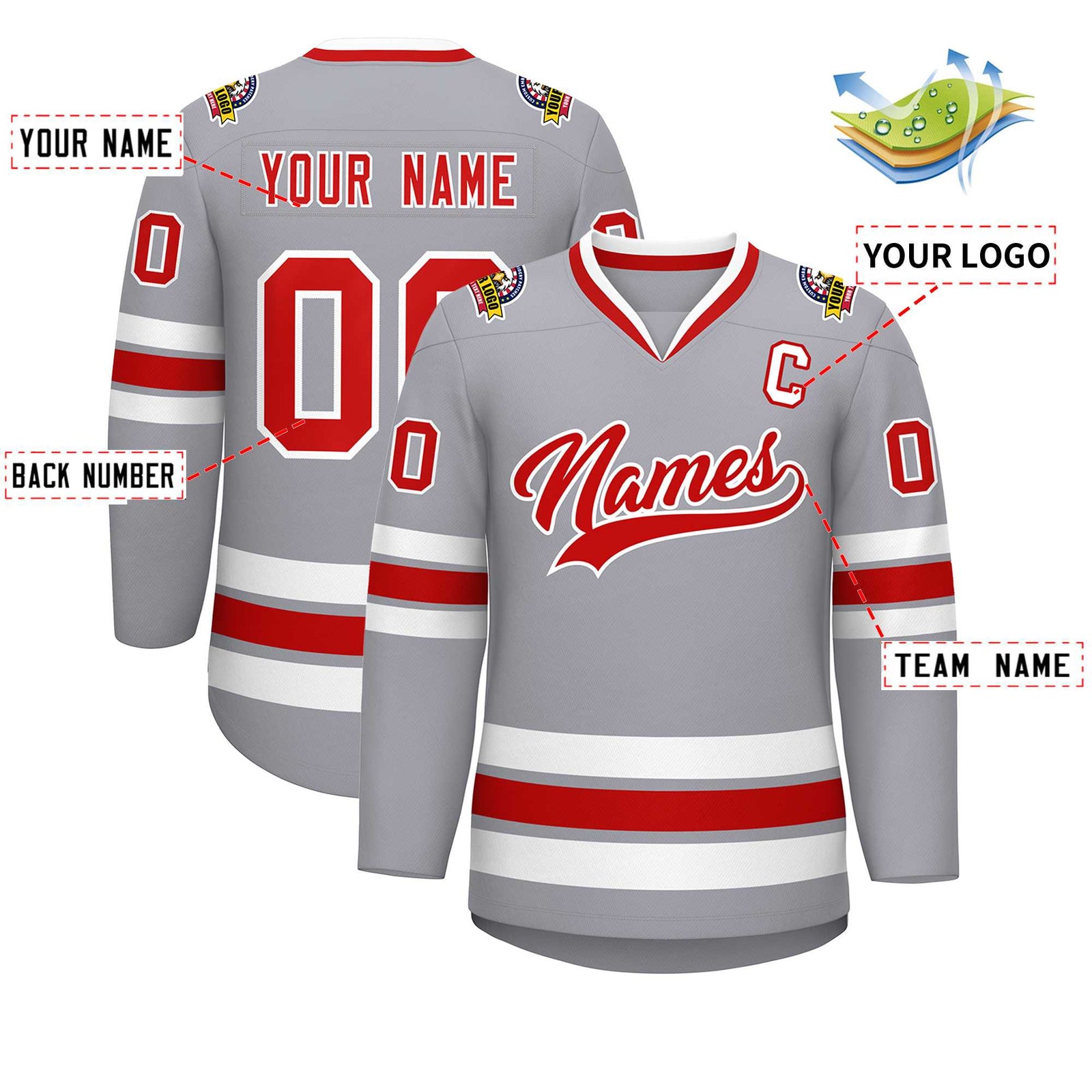 Custom Gray Red-White Classic Style Hockey Jersey