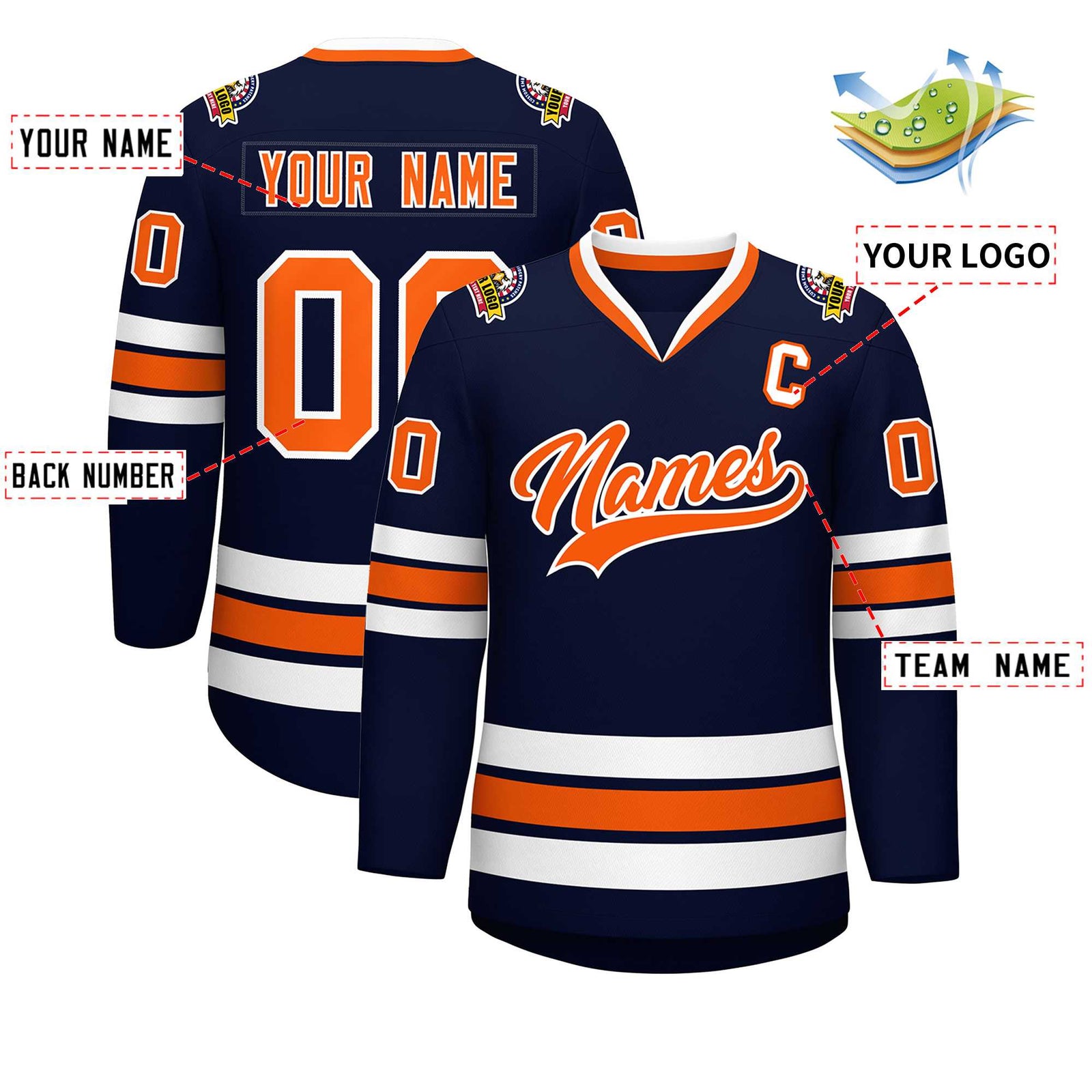 Custom Navy Orange-White Classic Style Hockey Jersey