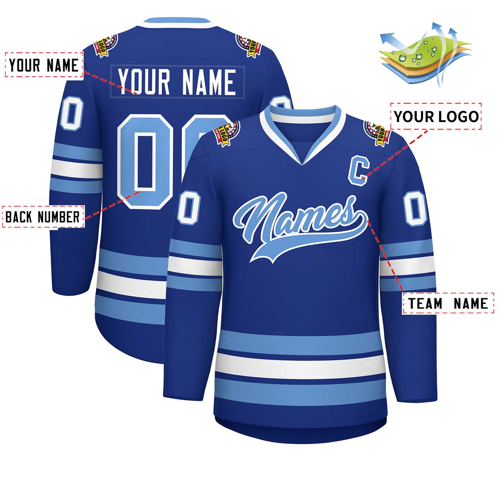 Custom Royal Light Blue-White Classic Style Hockey Jersey