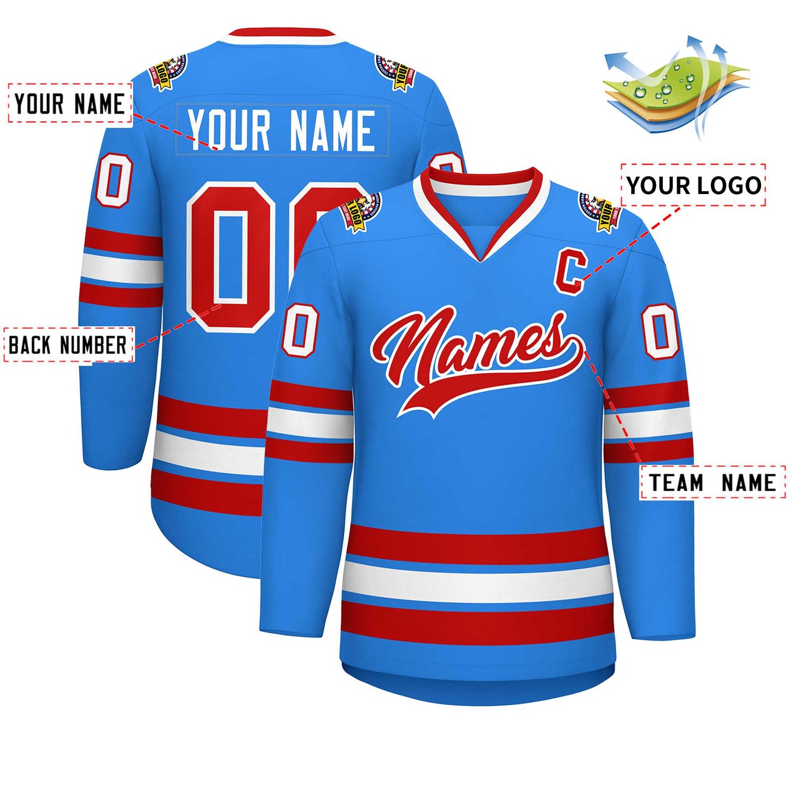 Custom Powder Blue Red-White Classic Style Hockey Jersey