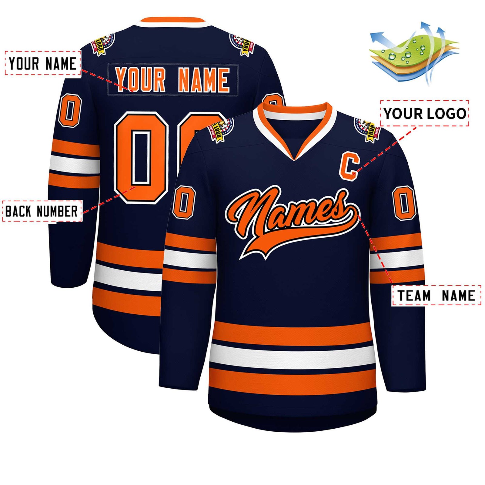 Custom Navy Orange Black-White Classic Style Hockey Jersey