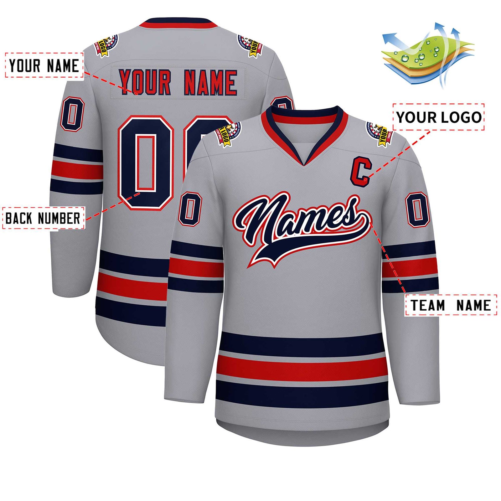 Custom Gray Navy White-Red Classic Style Hockey Jersey