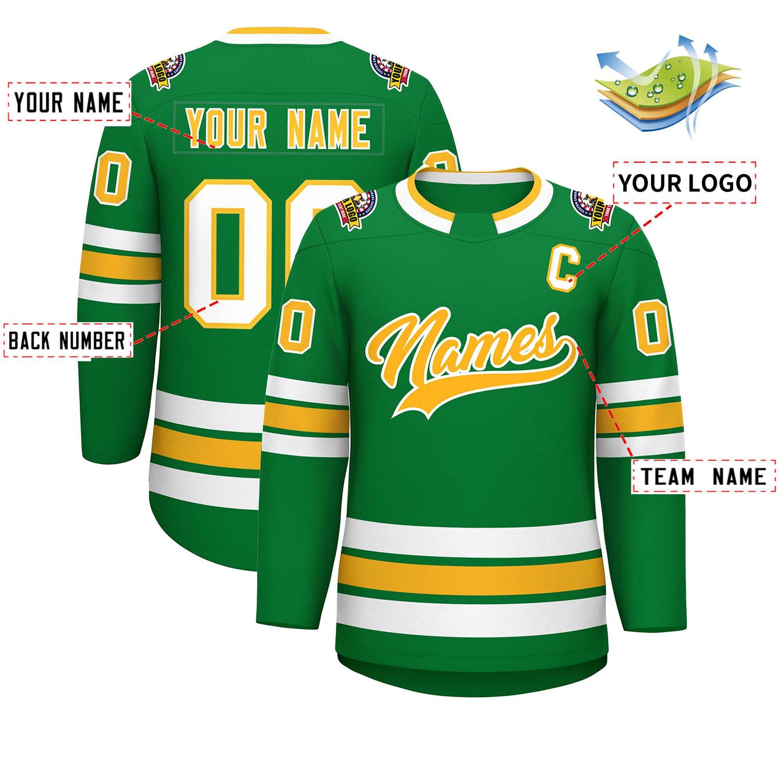 Custom Kelly Green Gold-White Classic Style Hockey Jersey
