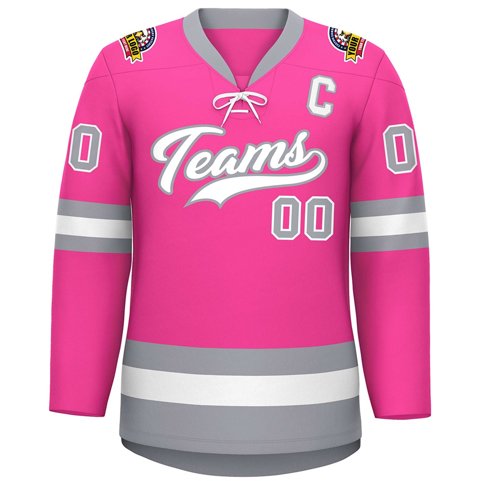 Custom Pink White-Gray Lace-Up Neck Hockey Jersey