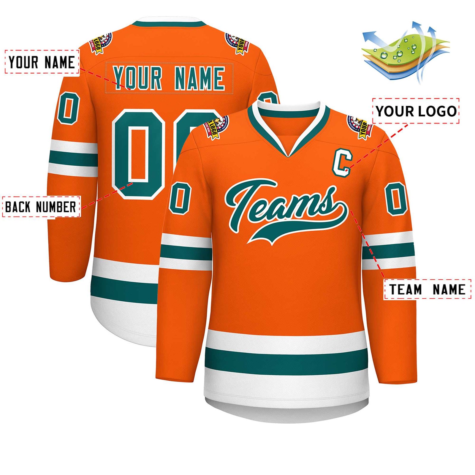 Custom Orange Aqua-White Classic Style Hockey Jersey