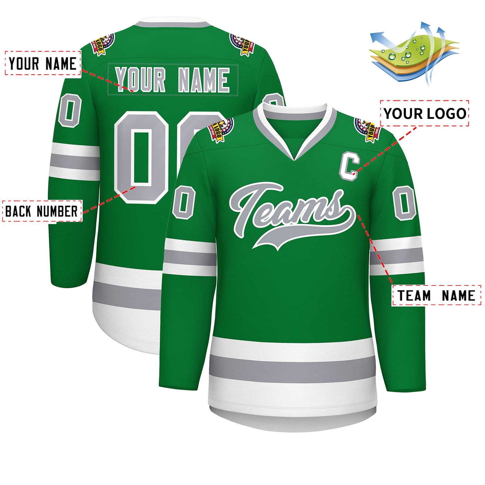 Custom Kelly Green Gray-White Classic Style Hockey Jersey