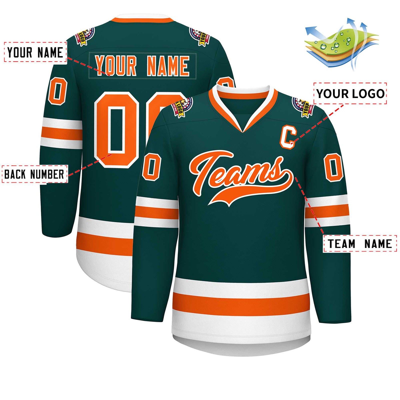 Custom Midnight Green Orange-White Classic Style Hockey Jersey