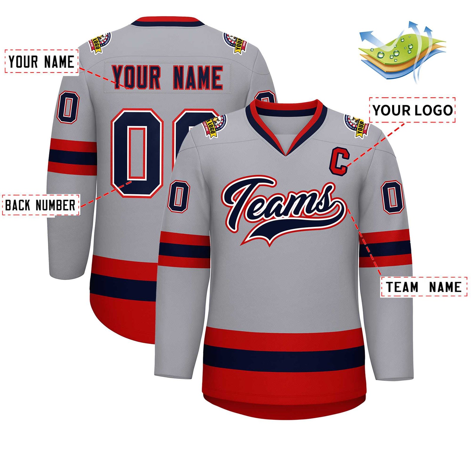 Custom Gray Navy White-Red Classic Style Hockey Jersey