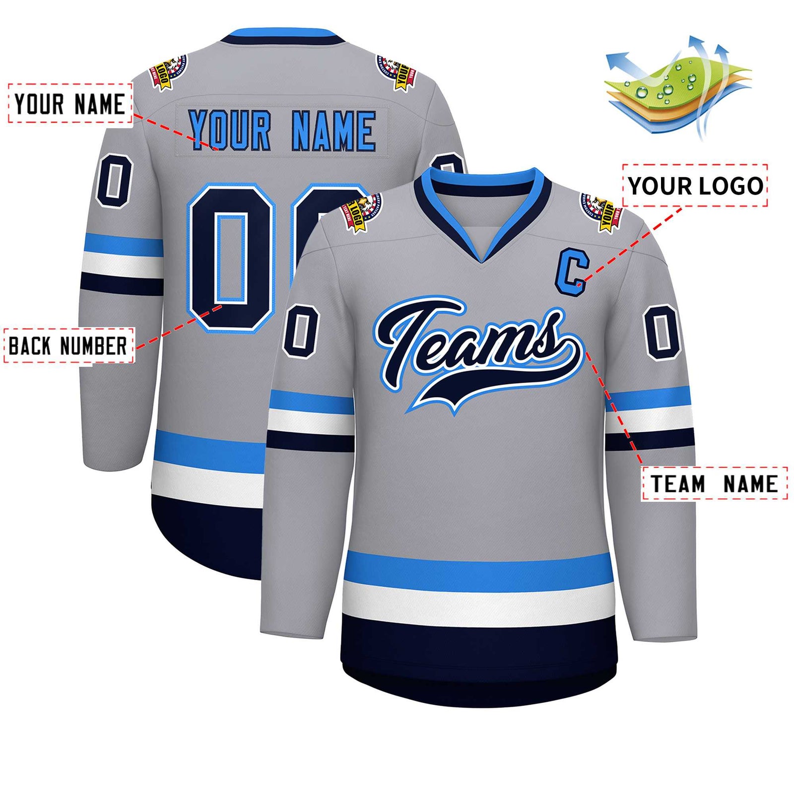 Custom Gray Navy White-Powder Blue Classic Style Hockey Jersey
