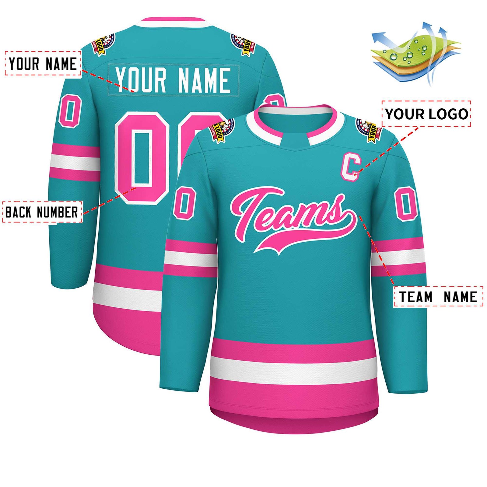 Custom Aqua Pink-White Classic Style Hockey Jersey