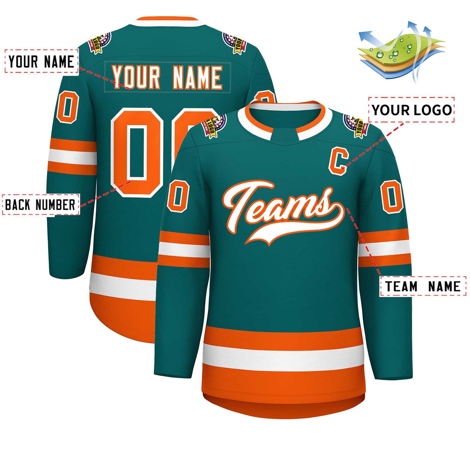 Custom Teal White-Orange Classic Style Hockey Jersey