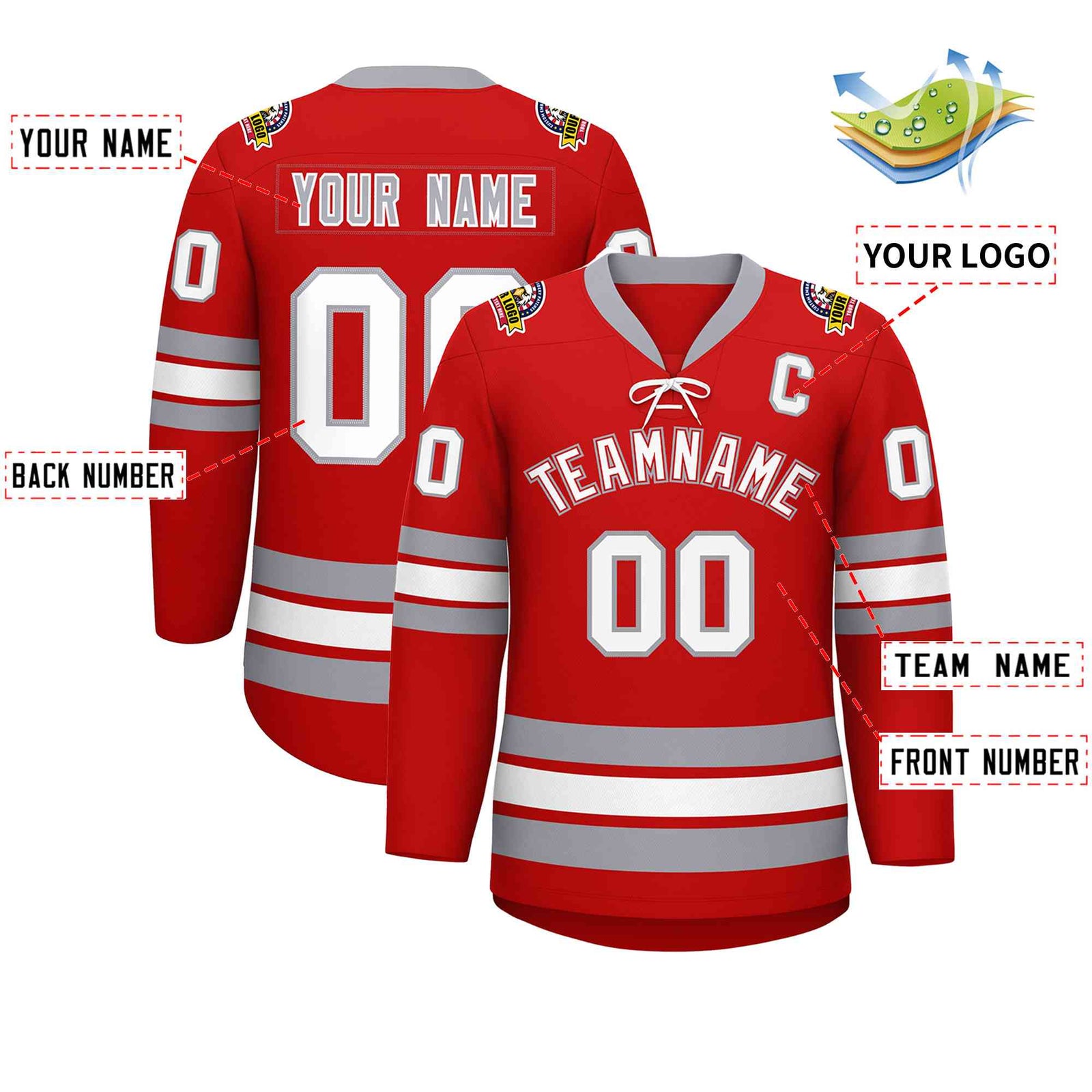 Custom Red White-Gray Lace-Up Neck Hockey Jersey