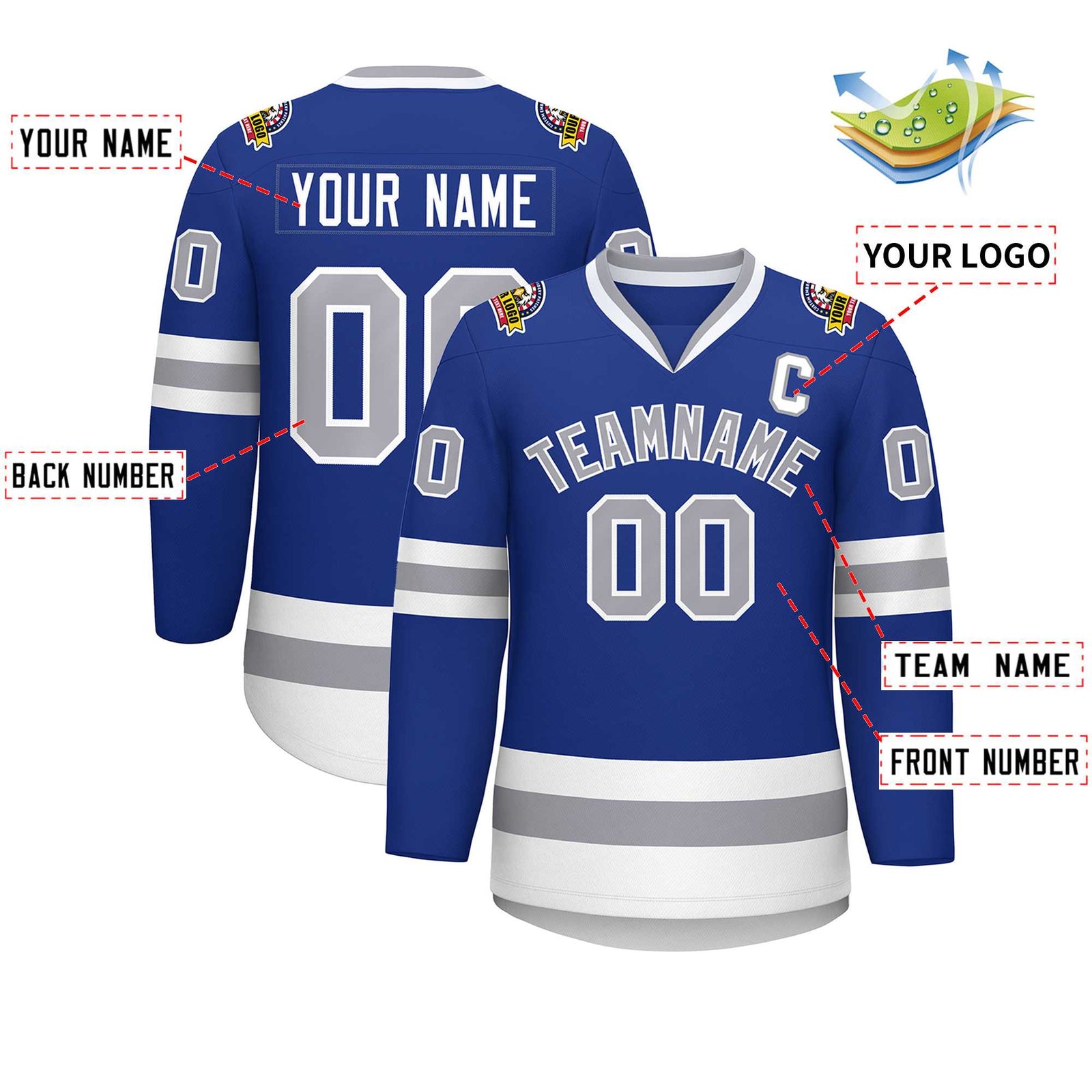 Custom Royal Gray-White Classic Style Hockey Jersey