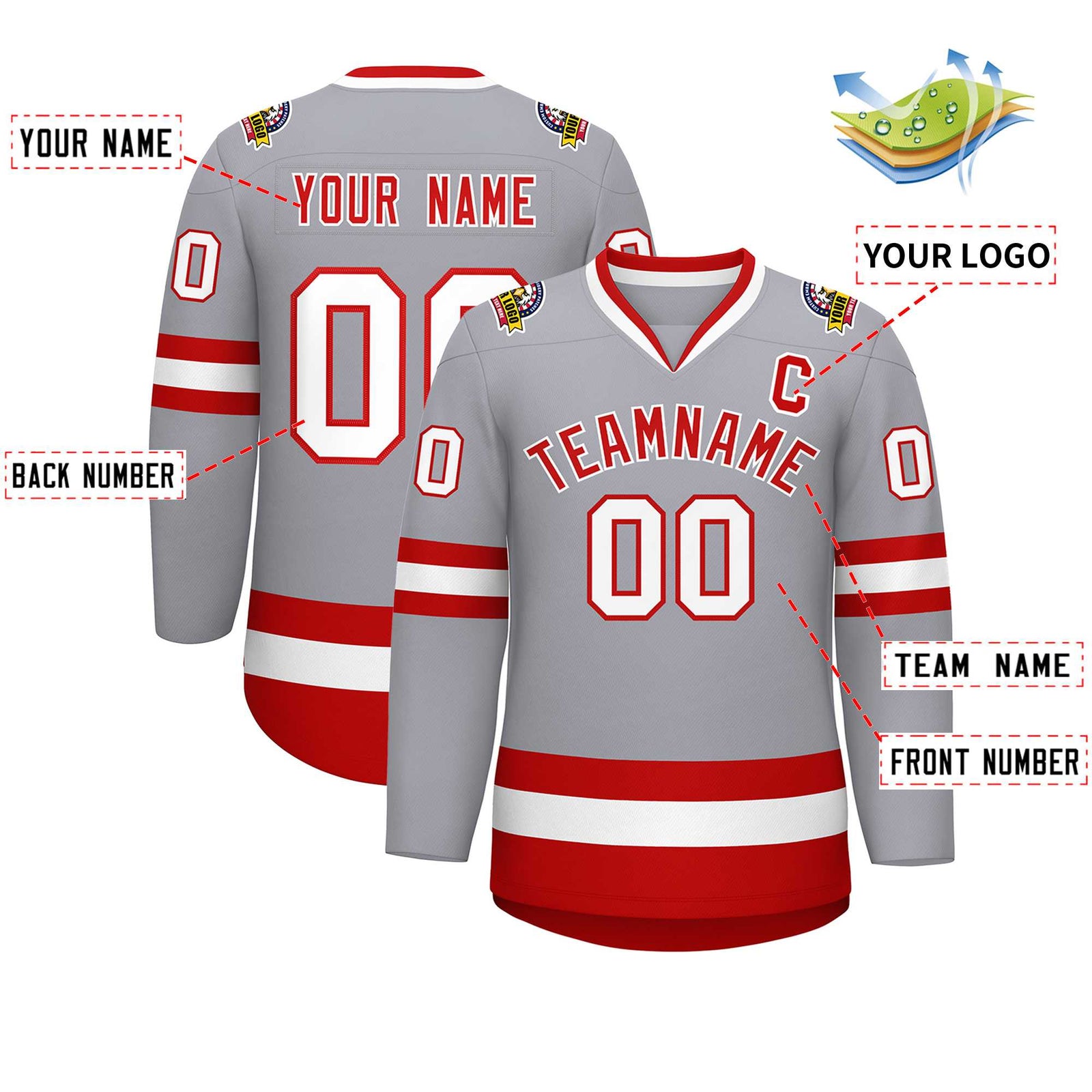 Custom Gray Red-White Classic Style Hockey Jersey
